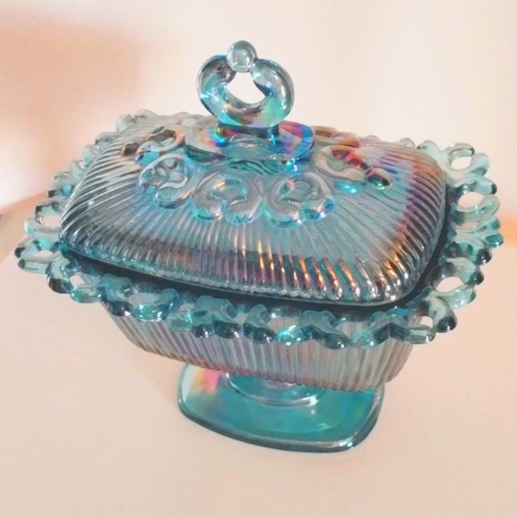Carnival Glass Other - Carnival Indiana Iridescent Blue Glass Candy Dish with Lid